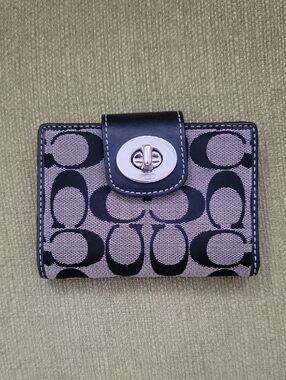Coach Black and Taupe Signature Turnlock Wallet